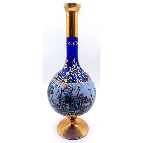 Murano Cobalt Blue Gold Pedestal Italian Victorian Scenes Decanter Wine Glasses - Picture 7 of 15